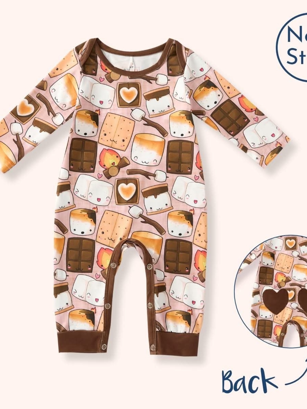Baby S'mores Print Long-Sleeve One-Piece Romper - Pink/Brown